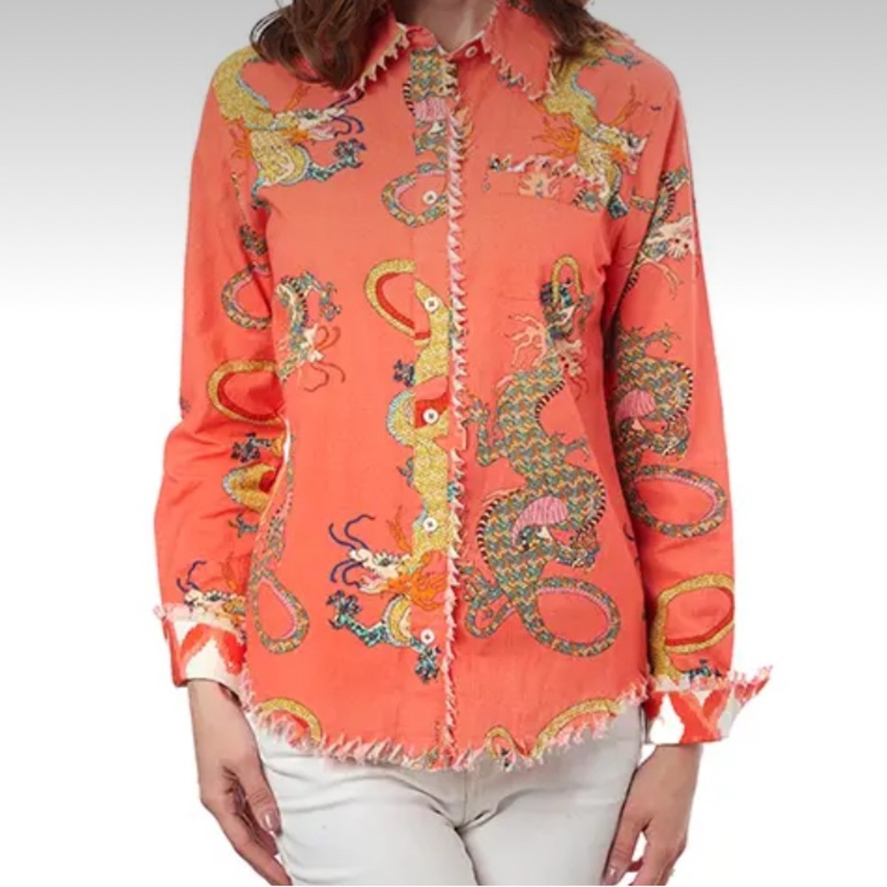 Women's Coral Dragon-Print Button-Down Shirt